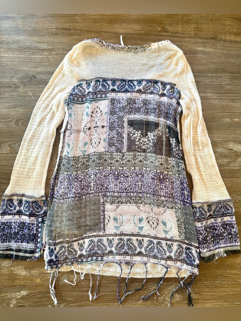 Free People Ivory Boho Patchwork Mixed Media Knit Tunic Sweater XS